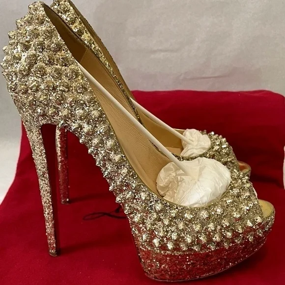 Christian Louboutin “Glitter Specchio” Lady Peep spikes.EU38 140mm 1” platform. - Picture 6 of 11